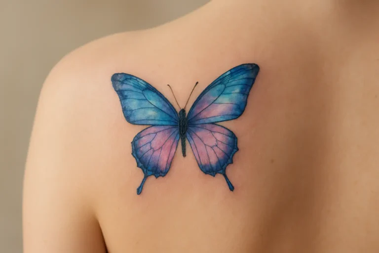 Tatouage papillon aquarelle coloré sur une omoplate