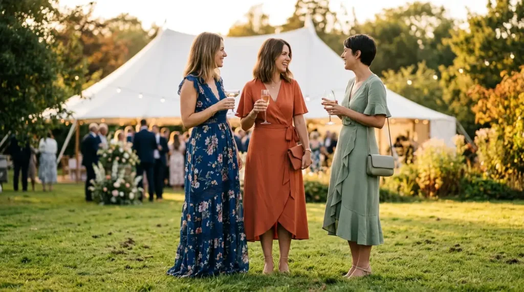 Trois invitées en robe discutent avec un verre à la main lors d’un mariage en plein air devant une tente de réception