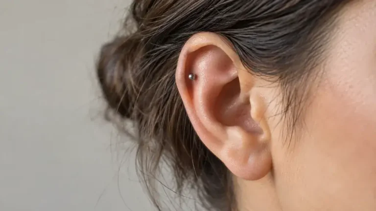 Petit bijou en titane placé sur l’anti-hélix d’une oreille adulte