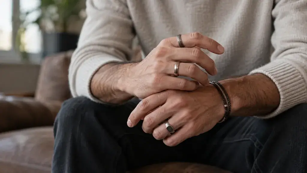 Mains d’un homme portant plusieurs bagues sobres sur différents doigts