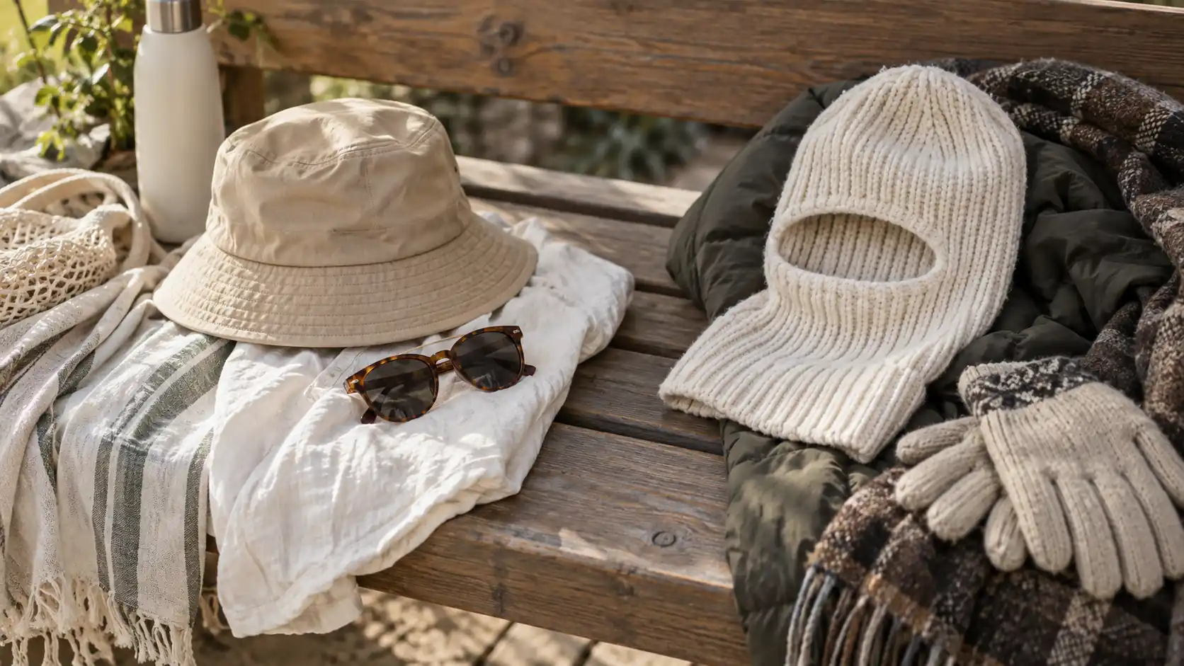 Bob beige et cagoule en maille posés avec des accessoires d'été et d'hiver sur un banc en bois