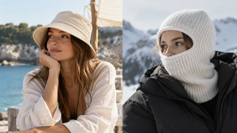 Femme portant un bob en été et femme portant une cagoule en hiver pour comparer les couvre-chefs selon la saison