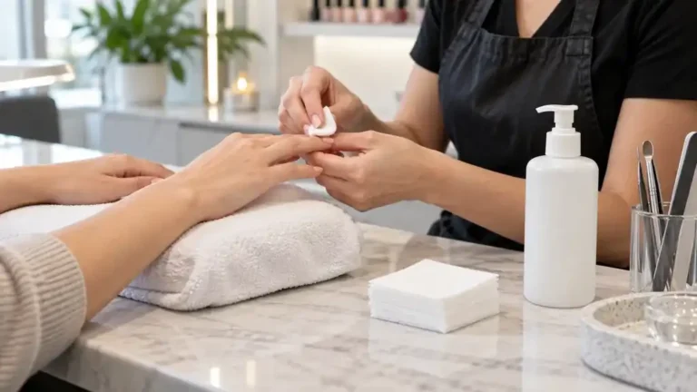 Nettoyage d’un ongle avec un carré non pelucheux et un cleaner professionnel