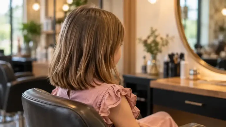 Fillette vue de dos avec une coupe mi-longue pratique dans un salon