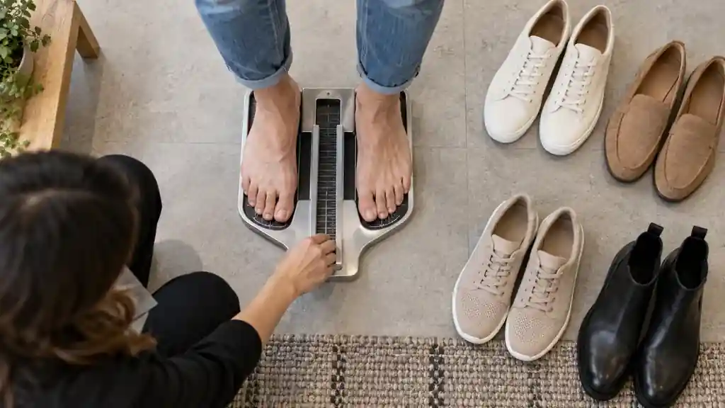 Pied mesuré sur une feuille avec une règle pour choisir une pointure