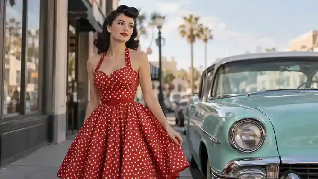 Femme adulte dans une robe rockabilly rouge à pois inspirée des années 1950