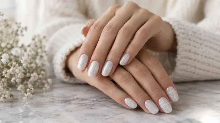 Manucure blanche pailletée élégante sur des mains adultes