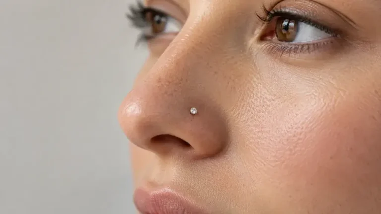 Petit piercing de nez avec pierre transparente sur une femme adulte