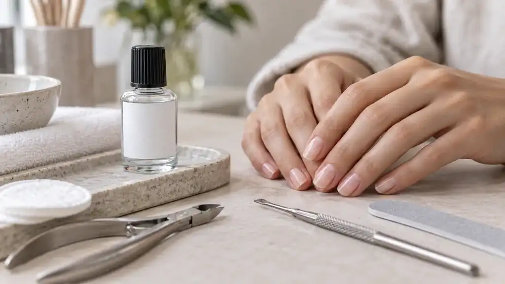 Primer transparent appliqué avant une pose de gel sur des ongles naturels