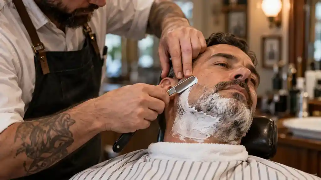 Barbier réalisant un rasage précis au coupe-choux sur un homme adulte