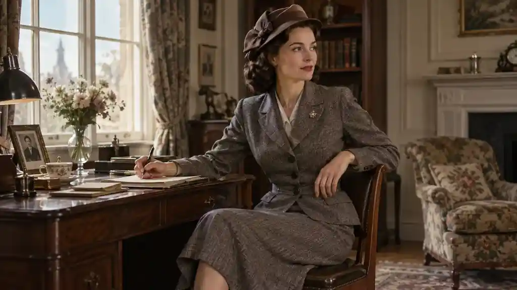Femme adulte portant un tailleur féminin inspiré des années 1940