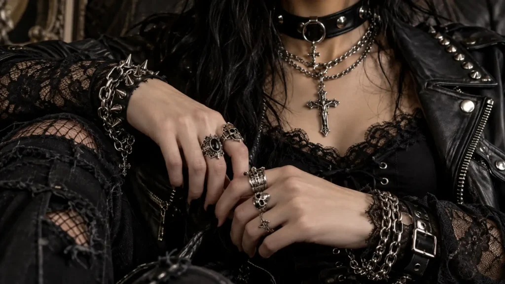 Gros plan sur des accessoires gothiques punk avec colliers, bagues, chaînes et veste en cuir noir
