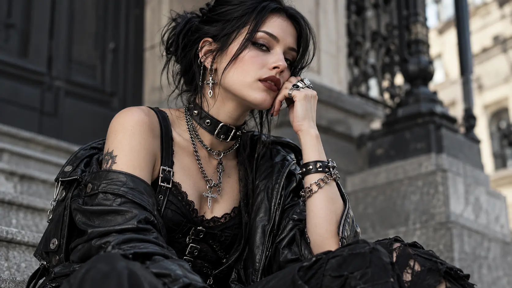 Jeune femme au style gothique punk assise en ville, portant une veste en cuir noir, des bijoux argentés et un choker