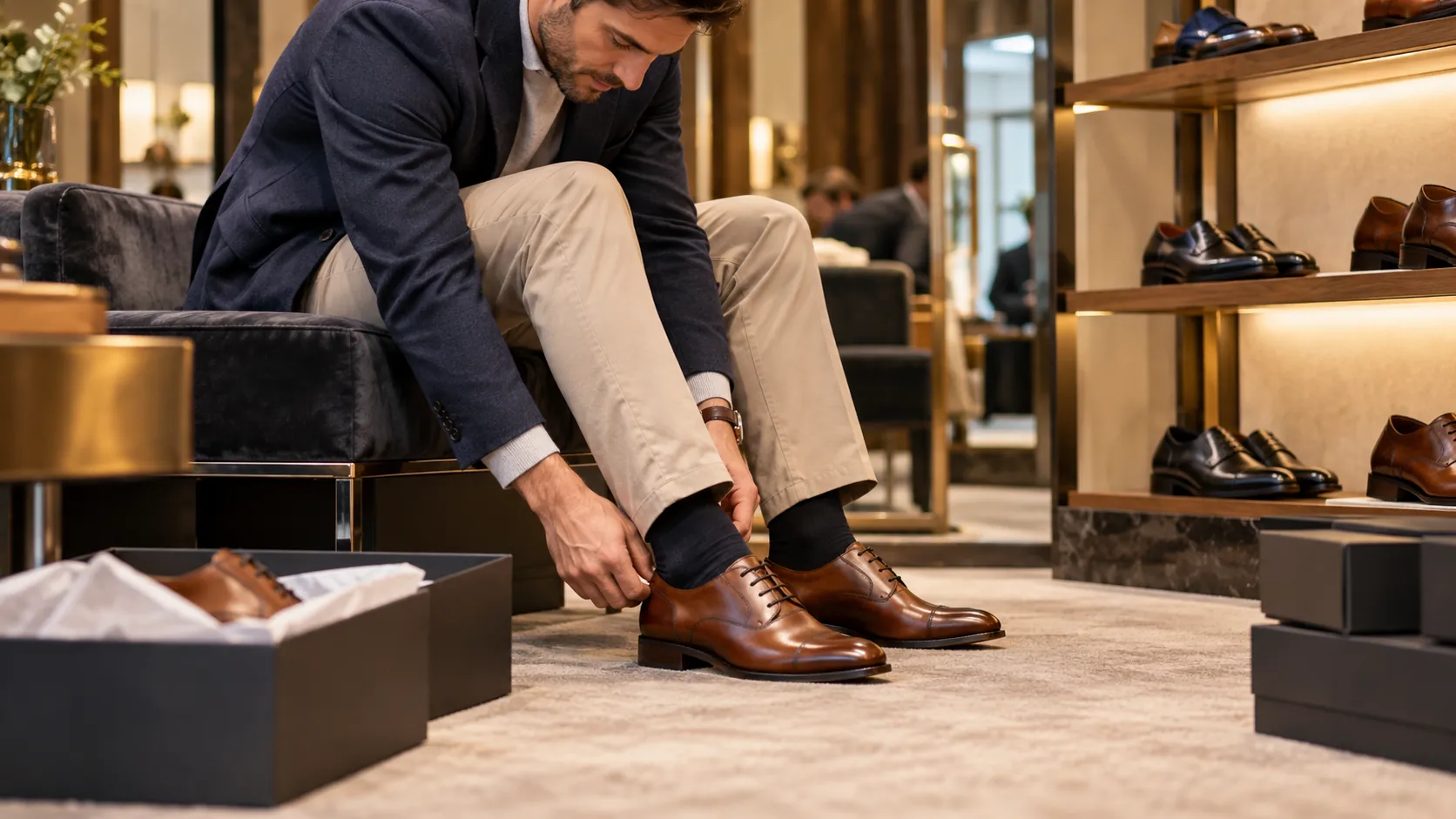 Homme essayant des chaussures habillées en cuir brun dans une boutique de chaussures haut de gamme